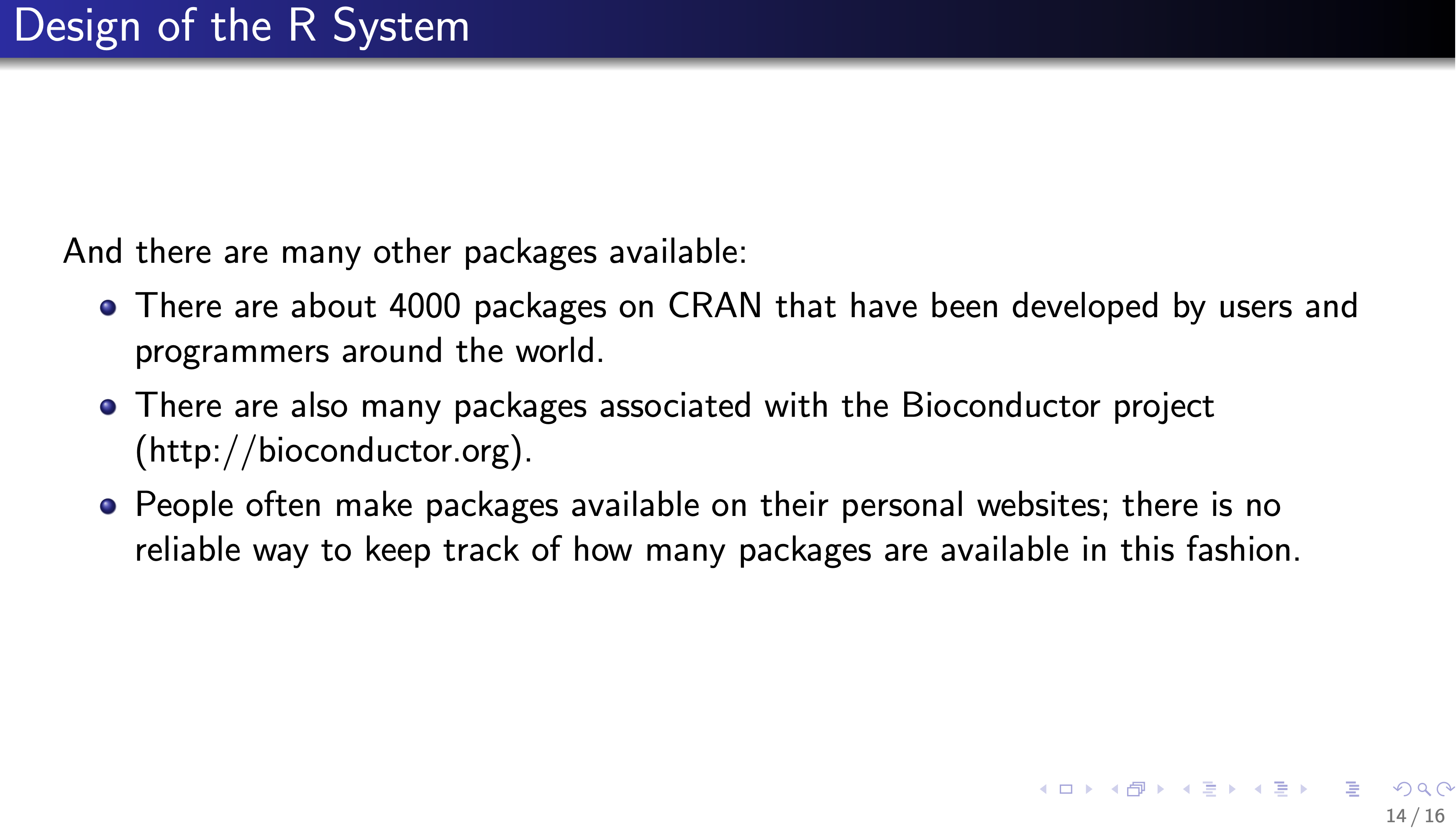 Screenshot from a slide from 2012 showing that R developers share their packages on personal websites